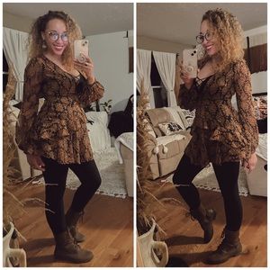 Fall Floral/Ruffle/V-Neck/Skirt Lined Mini Dress